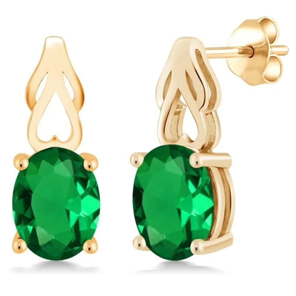 18K Yellow Gold 925 with 3.00 Cttw Emerald Oval Post Back Drop Earrings